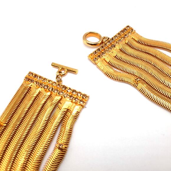 Snake Chain 6 Strand Necklace, Rhinestone Accents, Gold Tone, 17" - Picture 3 of 11